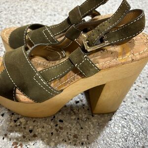 Olive Green Suede and Wood Sam Edelman “Mae” Chunky Platform Sandals